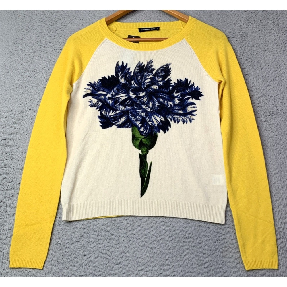 SAMANTHA SUNG Cream Front Sweater with Yellow Sleeves and Blue Floral